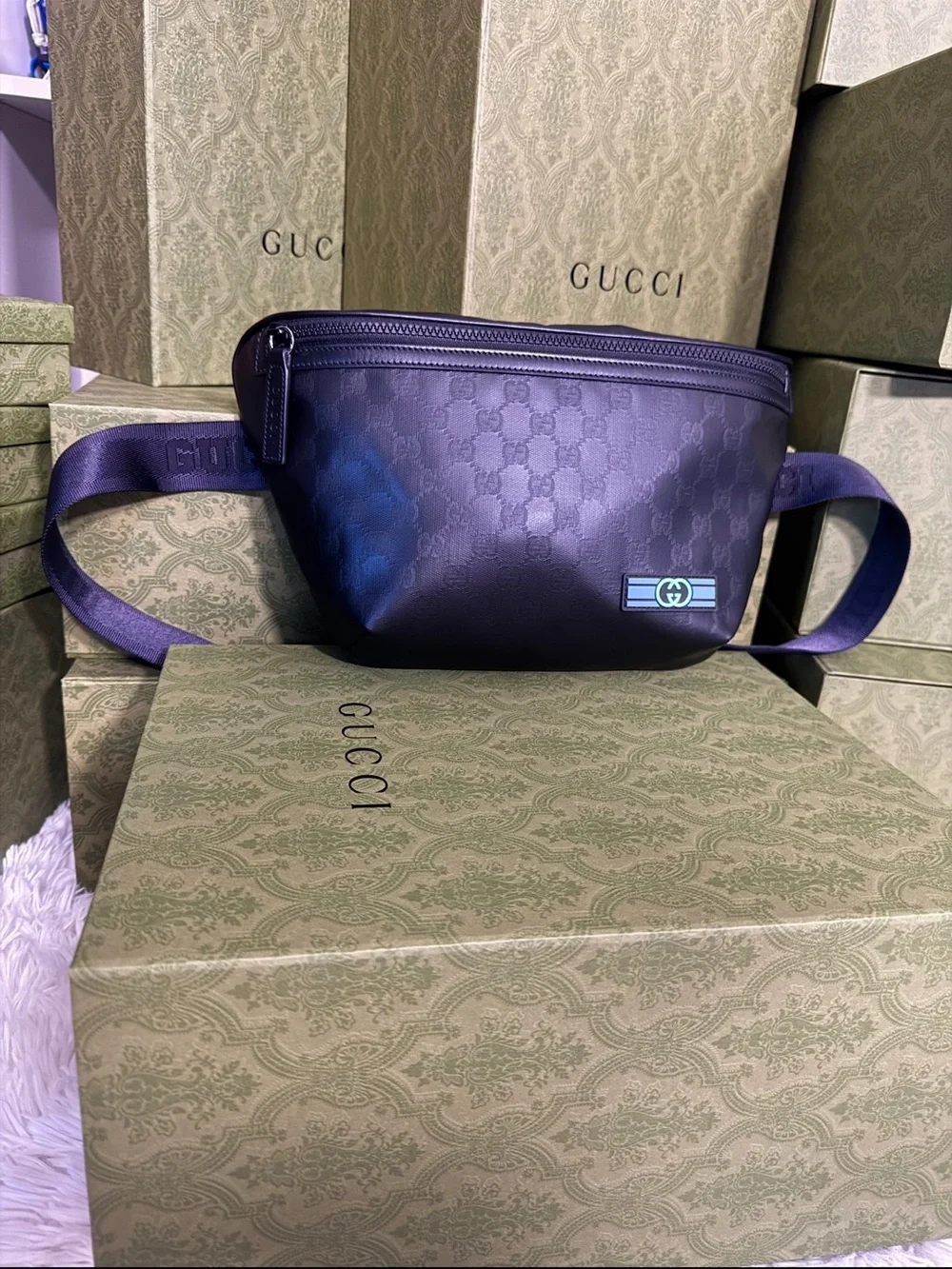 Gucci Black GG-Embossed Leather Belt Bag with Blue Accent